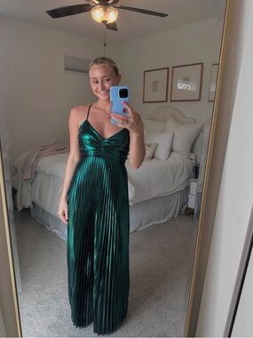 Emerald Green Pleated Satin Maxi Dress with Spaghetti Straps